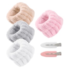 4 Flannel Face Wash Wrist Bands, Sweat Wiping Wrist Bands, Water Absorbent Wrist Bands, 2 Duckbill Clips, Washing, Shower, Sports, Elastic Hair Bands (4 Colours)