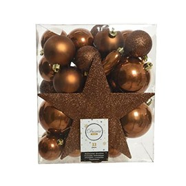 Kaemingk 72294 Plastic Baubles 5-8 cm with Christmas Tree Topper Star Set of 33 Shatterproof Brown Copper, Ceramic, Multicoloured