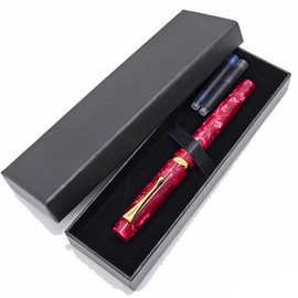 Luxury Writing Fountain Pen Set, RED Acrylic Marble,Medium Nib, Refillable Ink Converter, Ink Cartridge (Blue/Black) Gift Box
