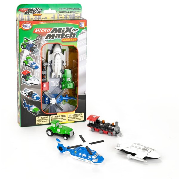 Popular Playthings Micro Mix or Match Vehicles Deluxe Set of 4 Toy Train, Toy Spaceship, Toy Tractor, & Toy Helicopter