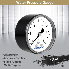 UHARBOUR Pressure Gauge Water 0-10 Bar, Pressure Gauge 1/4 Inch, Pressure Gauge Compressed Air Bracket on the Back, Compressed Air Pressure Gauge 1/4 BSP Brass Connection
