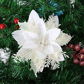 SWECOMZE Pack of 12 Glitter Christmas Tree Decorations Christmas Flowers Ornament Christmas Decoration Christmas Tree Pendant 14 cm (White)
