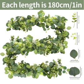 GENHH Pack of 2 Eucalyptus Garland, 1.8 m Eucalyptus Decoration, Artificial Garland Plant Hanging Green Leaves Decoration with White Flowers Silver Dollar for Weddings, Dining Tables, Mantles, Stairs,