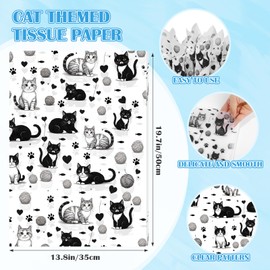 100 Sheets Black Kitty Tissue Paper - Cute Cat, Pet Paw & Yarn Pattern Tissue Paper, Animal Motif Wrapping Paper for Pet Lover, Party Decoration, DIY Projects, 13.8 x 19.7 Inches