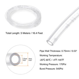 sourcing map Pneumatic Tubing Pipe Pu Hose 4mm OD x 2.5mm ID 5 Meters(16.4 FT) Air Compressor PU Polyurethane Line Hose Tube for Air Compressor Water Fluid Transfer, Clear