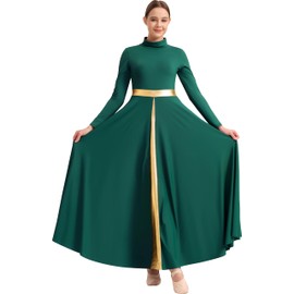 Sanmsoner High Neck Praise Dance Dress for Women Long Sleeve Liturgical Metallic Worship Church Robe Dancewear(238136-11-L)