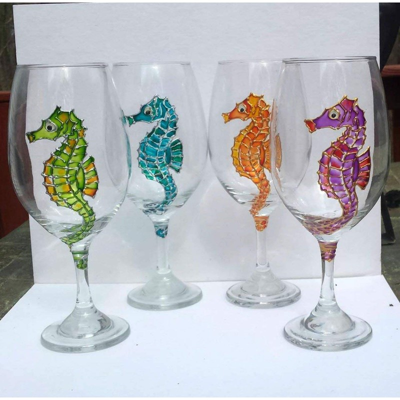 4 Multi Colored Seahorse Hand Painted Stemmed Wine Glasses Set