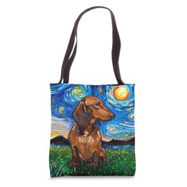 Brown Short Hair Dachshund Doxie Starry Night Dog Art by Aja Tote Bag