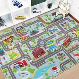 Capslpad Kids Rug Educational Play Rug 6.6' x 5' Traffic Road Kids Car Mat Large Learning Play Game Area Rug Kid Carpet for Playroom Living Room Nursery Room Decor, Sky Blue