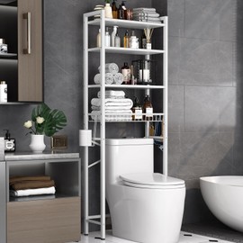 Kalrin Over-The-Toilet Storage Rack, 4-Tier Bathroom Organizer Shelf Over Toilet with Adjustable Shelf and Basket, Freestanding Space Saver Bathroom Shelves Above Toilet for Room (Pure White)