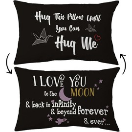I Love You to The Moon and , Hug This Pillow Until You Can Hug ME Reversible Throw Pillow Case, 12 x 20 inch Home Decor Cushion Cover, Long Distance Relationship Gifts,  Boyfriend(Black) - Colour: Hug1