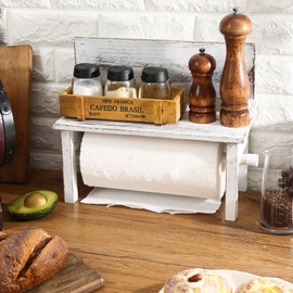 GoFika Farmhouse Paper Towel Holder for Kitchen Countertop with Shelf,Rustic Decorative Bench Paper Towel Dispenser, Whitewashed Wood,Rolls Sized 11.4x5.7IN or Smaller Only
