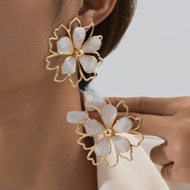 Large Gold Big Flower Dangle Earrings Boho Flower Statement Earrings Irregular Petal Earring Unique Trendy Wedding Holiday Jewelry ﻿(white)