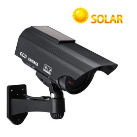 YSUCAU Solar Powered Bullet Dummy Fake Simulated Surveillance Security CCTV Dome Camera Indoor/Outdoor Use with Flashing Red LED Light & Warning Security Alert Sticker Decal, 2 Packs, Black