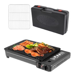 DDBESSIC Portable Butane Gas Grill Set, Adjustable Firepower Gas Grill Stove High Safety Tabletop Stove with Baking Sheet, Brush and Grilling Net, Korean BBQ Japanese Yakitori Camping Butane Stove