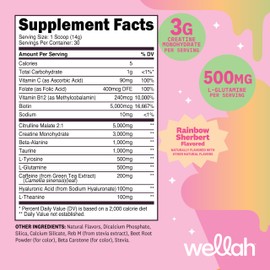 Wellah Pre-Workout + Creatine Powder (30 Servings) Rainbow Sherbert - 200mg Caffeine, 3g Creatine Monohydrate, 5g Citrulline Malate, Pre-Workout with Creatine Supplement