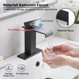 HOIGY Waterfall Bathroom Faucet, Brass Matte Black Bathroom Faucet 1 Hole or 3 Holes, Bathroom Faucets Single Handle, 4 Inch Bathroom Sink Faucet with Deck Plate & Pop-Up Drain for Lavatory No Noise