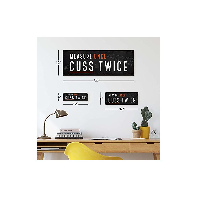 Homebody Accents Measure Once Cuss Twice 4"x12" Metal Sign, Outdoor
