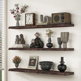 Floating Shelves for Wall, 72" Live Edge Solid Elm Wood Floating Shelf, Wall-Mounted Display Shelves with Invisible Heavy-Duty Metal Bracket, Floating Shelf for Living Room Kitchen, Walnut