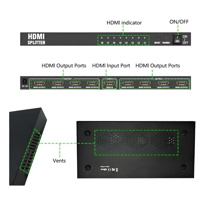 Splitter HDMI Divisor Seisa 1x8 Full HD 1080p 3D Amplificador