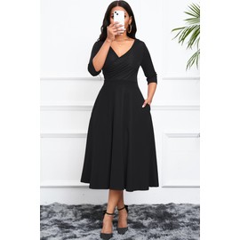 Nmoder Women's Casual Wrap Flared Midi Dress Wedding Guest Cocktail Tea Dresses A-Line Swing V-Neck 3/4 Sleeve Black 2XL