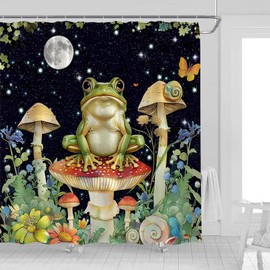 Funny Frog Mushroom Shower Curtain Night Full Moon Starry Star Forest Sage Green Leaves Floral Snail Butterfly Botanical Rustic Plant Fabric Bathroom Decor Curtains with Hooks,70 x 70