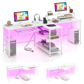 Tangkula 2-Person Reversible Computer Desk with LED Lights, 94.5” Long Office Desk with Power Outlets, Monitor Stand, Keyboard Tray & 2 Storage Shelves, Double Desk for Gaming Working Writing (White)