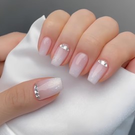 Ombre Pink French Press on Nails Medium Short Coffin KQueenest Crystals Full Cover Glitter Gradient Pink Fake Nails Sparkle Bling Acrylic False Nails Press ons Natural Stick on Nails for Women 24 Pcs