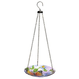 Alpine Corporation KBD118 Outdoor Hanging Glass Bird Feeder and Birdbath, Flowers and Butterfly Design with Chain, 10" W, Multicolor