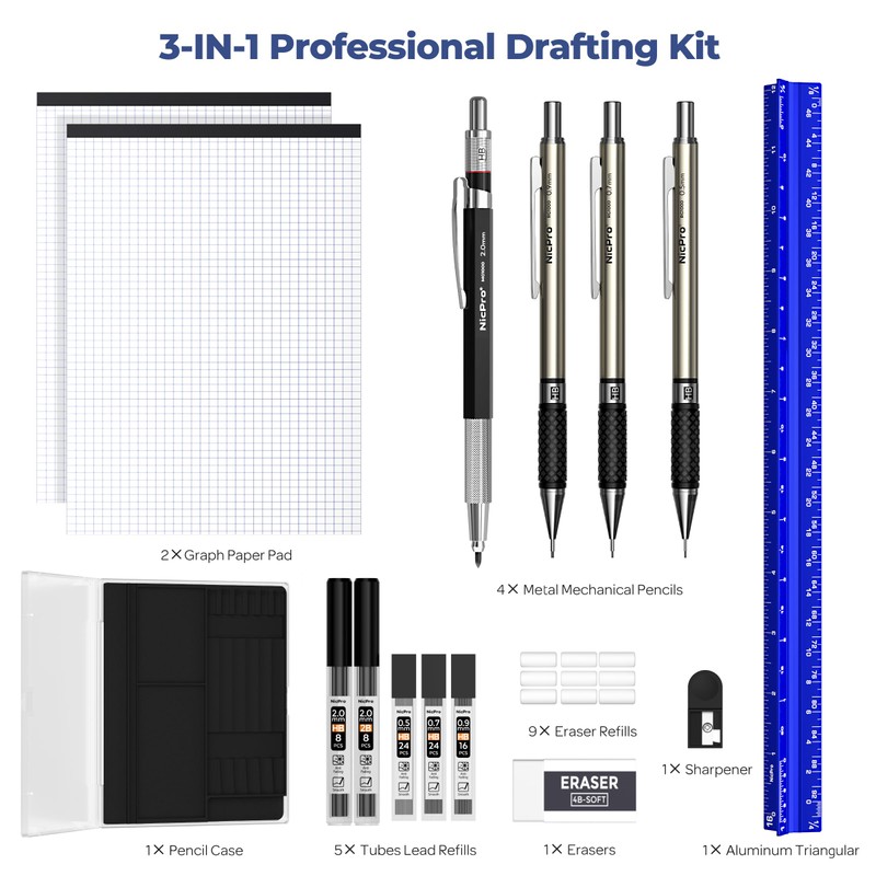 Nicpro 16PCS Drafting Tools with 12‘’ Aluminum Architect Scale Ruler,