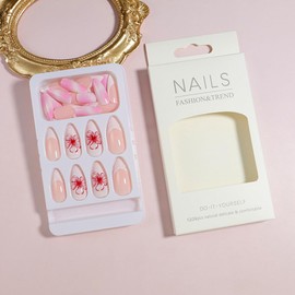 Almond Press on Nails White French Tip Fake Nails Medium False Nails with 3D Red Flower Design Glue on Nails Pink Gradient Full Cover Stick on Nails Ombre Acrylic Nails for Women Manicure 24Pcs