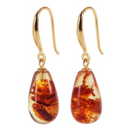 Natural amber earrings Teardrop amber earrings explosive multi-flower mood beautiful petal shape earrings for women Silver ear hook (Teardrop Amber)
