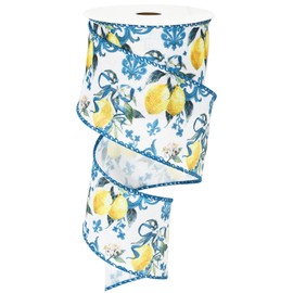 JarThenaAMCS Lemon Wired Edge Ribbon Yellow Blue Tile Fabric Ribbon Spring Summer Craft Ribbon for Birthday Wedding DIY Wreath Bow Making, 12 Yard