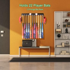 QBA Wall Mount Baseball Bat Holder, Heavy Duty Metal Bat Rack, Holds 22 Bats, Bats Organizer for Dugout Fence Home Garage (Black)