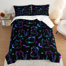 UEVBF 3D Neon Cat Kids Comforter Set,Gradient Line Cat Toddler Comforters Queen Size for Teens Kids Boys Girls Room Decoration,Black Kawaii Bedding Sets with 2 Pillowcases.