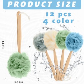 12 Pieces Large Loofah on a Stick Shower Loofah with Long Handle Back Scrubber for Shower PE Body Bath Loofah Sponge Soft Spa Mesh Shower Brush Wash Exfoliating Luffas for Men Women, 4 Colors