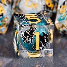 OGCOPHEN DND Cat Dice 7PCS Polyhedral Sharp Edge Dice Set with Gift Case for Dungeons Dragons Role Playing Game, RPG Resin D and D Dice D6 D8 D10 D12 D20 D% (Gold Blue)