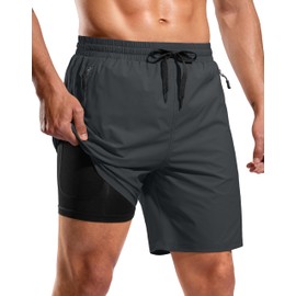 Mens Swim Trunks with Compression Liner 7" Quick Dry Board Shorts Swimsuit Bathing Suit for Men with Zipper Pockets(Dark Grey,M)