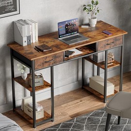 Computer Desk Home Office Bedroom Writing Study PC Table with Storage Space Fabric Side Bag Headphone Hook Metal Frame Adjustable Feet - Color: 2 Drawers - Rustic Brown