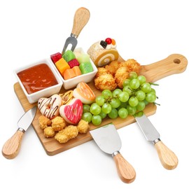 Patelai 16 Pcs Charcuterie Board Set Long Handle Bamboo Cutting Board White Ceramic Bowl Cheese Knife Set Gift for Christmas Anniversary Housewarming Wedding Thanksgiving