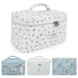 Large Capacity Cotton Makeup & Toiletry Bags for Women Teenage Girls, Floral Portable Travel Cosmetic Organizer, Ideal Storage Pouch for Skincare, Makeup Toiletries Essentials (Red-Cherry, L)