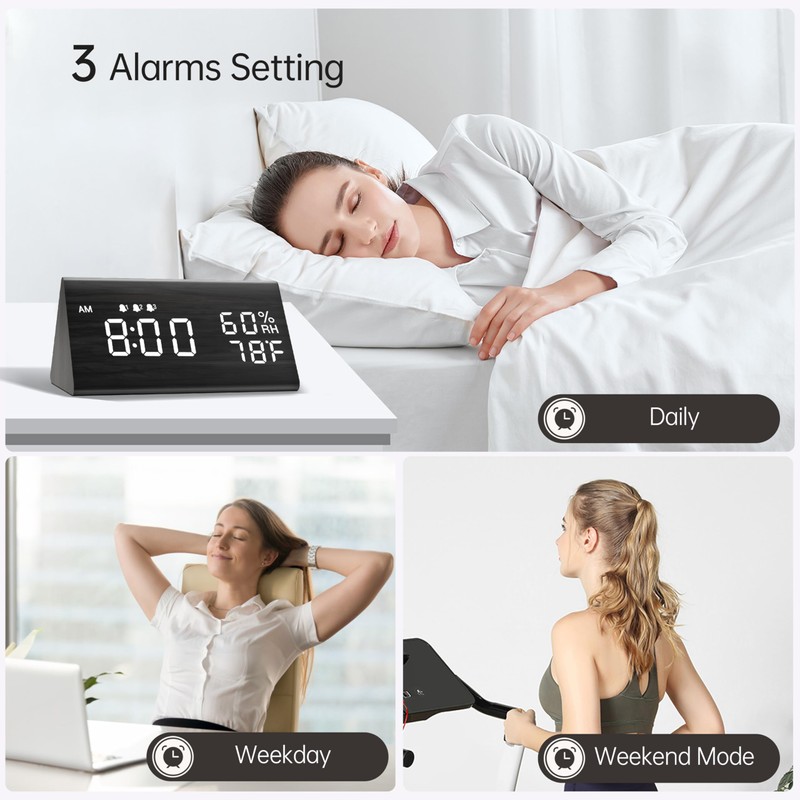 Digital Alarm Clock, with Wooden Electronic LED Time Display, 3