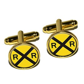Graphics and More Railroad Crossing Traffic Sign - Train Round Cufflink Set - Gold