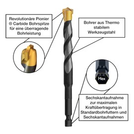 Multi-material drill diameter 12 mm - professional drill with hex-9 bit holder, ideal accessory for cordless / impact wrenches, drill bits for stone, brick, tiles, wood, plastic, metal