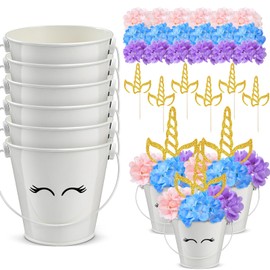 Knitgrip 30 Pcs Unicorn Party Table Centerpiece Decorations Include Hydrangea Unicorn Horn Toppers and Metal Buckets for Unicorn Birthday Party Baby Shower Supplies