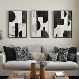 Zessonic Abstract Black White and Grey Wall Art Framed Geometry Canvas Print Modern Contemporary Edgy Block Artwork for Living Room, Bedroom, Office Decor - Set of 3, 16x24 Inch (Ready to Hang)