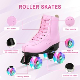 jessie Roller Skates Premium PU Leather Roller Skates for Women Classic Four-Wheel Outdoor and Indoor for Adults Women (Flash Wheel,Women's 7/ Youth 5.5)
