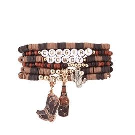 KZL Surfer Heishi Bracelets Set for Women Western Cowgirl Beaded Stretch Bracelet Bohemian Hat Boots Beer Bottle Disco Ball Stackable Charm Bracelets Summer Beach Jewelry -Set 1