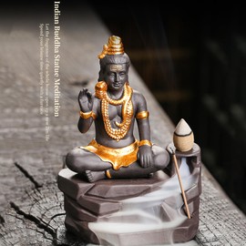 Lord Shiva Statue Backflow Incense Burner Smoke Adiyogi Shiva Statue Incense Waterfali Holder with Incense Folder Incense Cones Gift Purpose Decoration Items for Home Office Hindu God of Meditation Yoga Time Destruction