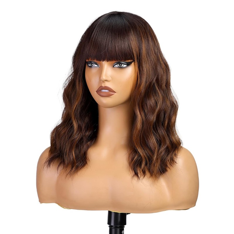 Colorfulpanda Short Bob Wig for Women Dark Brown Highlight Wavy